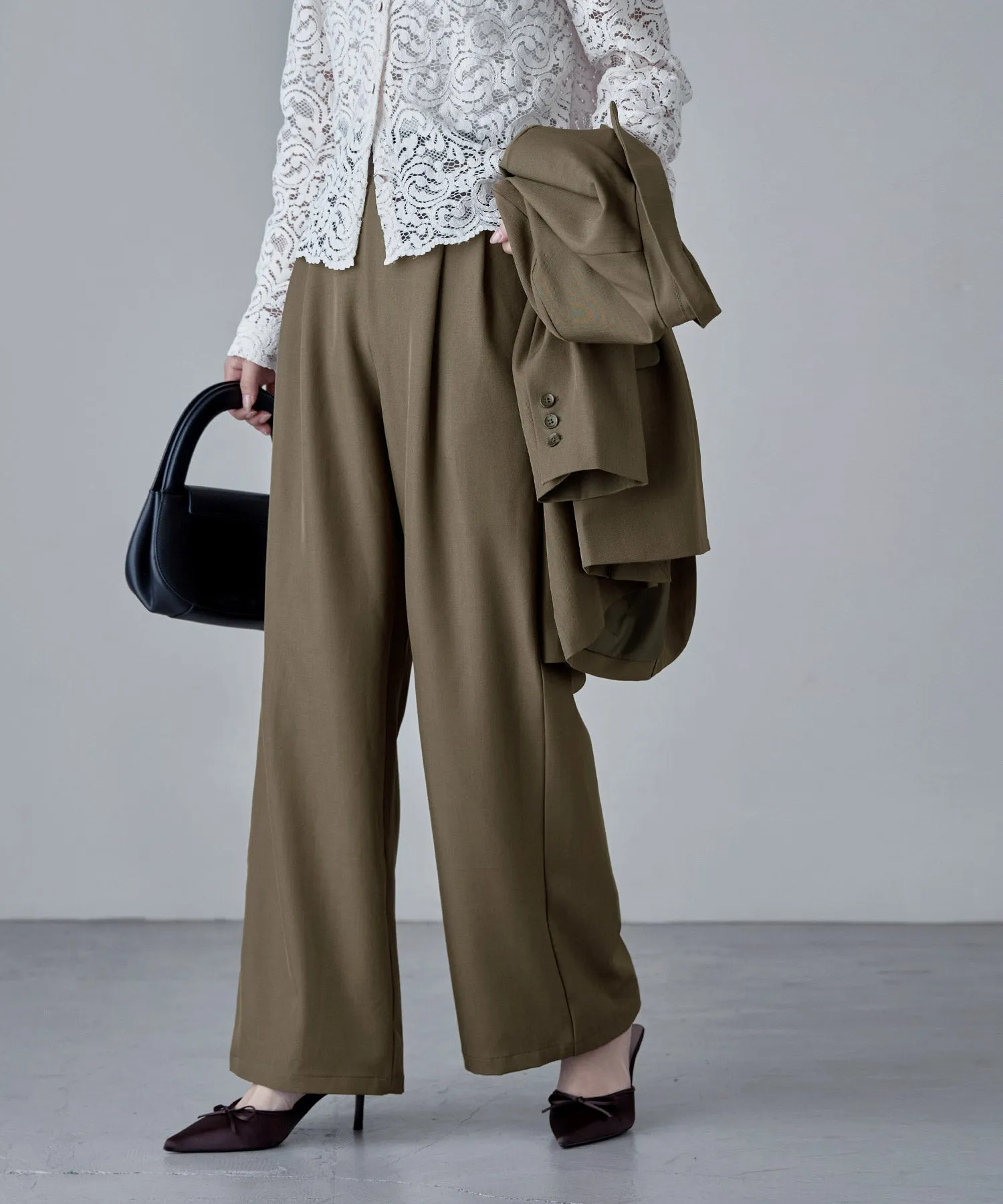 SET UP pants suit Twill single tailored jacket & Tuck wide pants