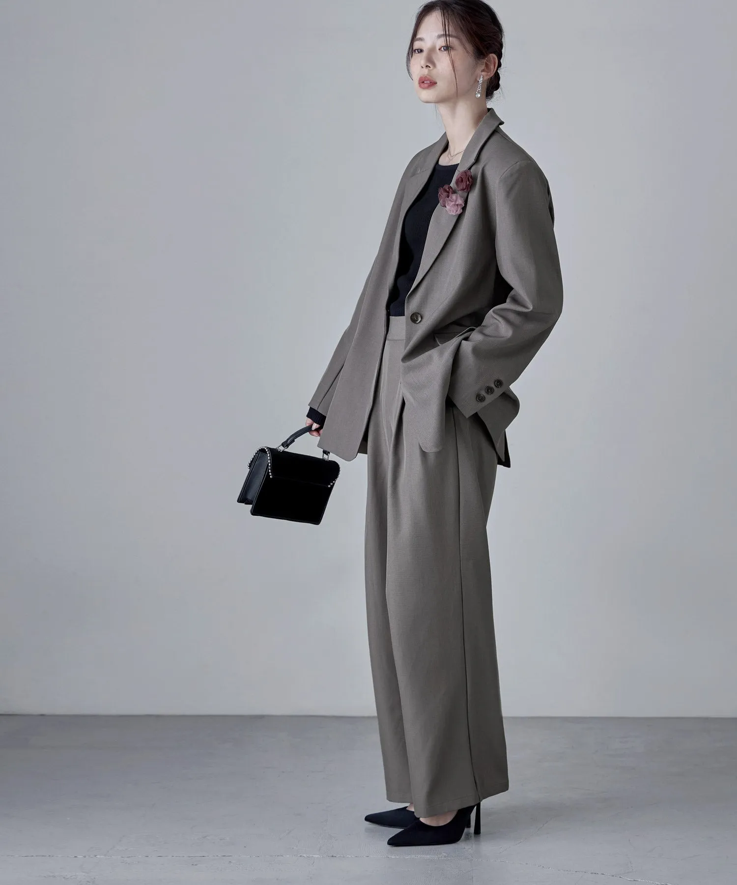 SET UP pants suit Twill single tailored jacket & Tuck wide pants
