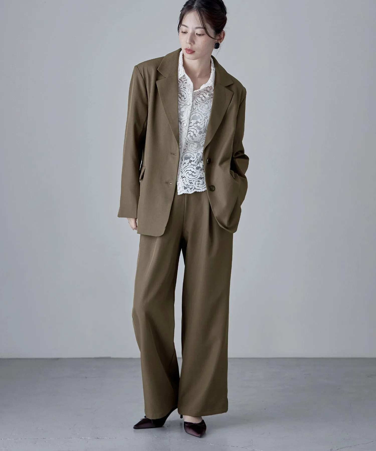 SET UP pants suit Twill single tailored jacket & Tuck wide pants