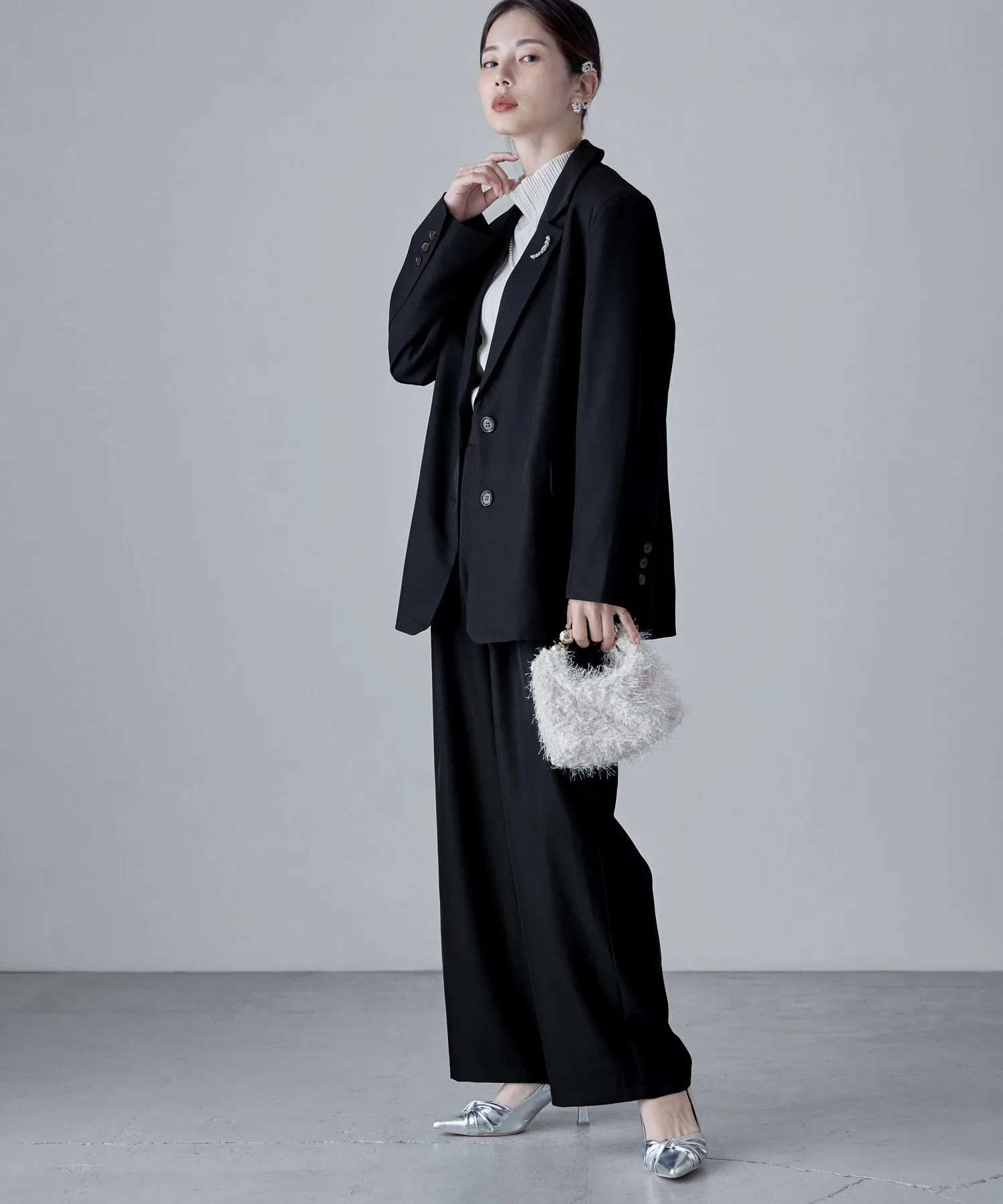 SET UP pants suit Twill single tailored jacket & Tuck wide pants