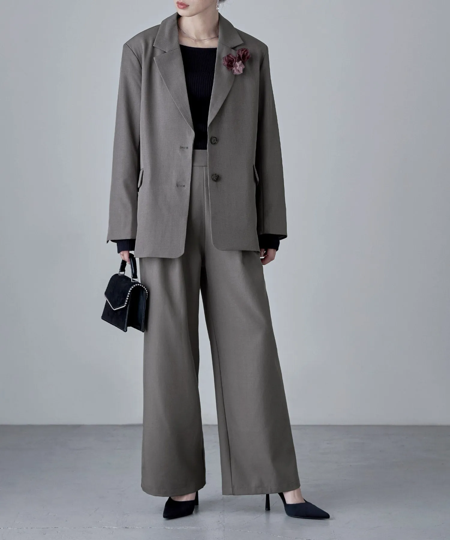SET UP pants suit Twill single tailored jacket & Tuck wide pants