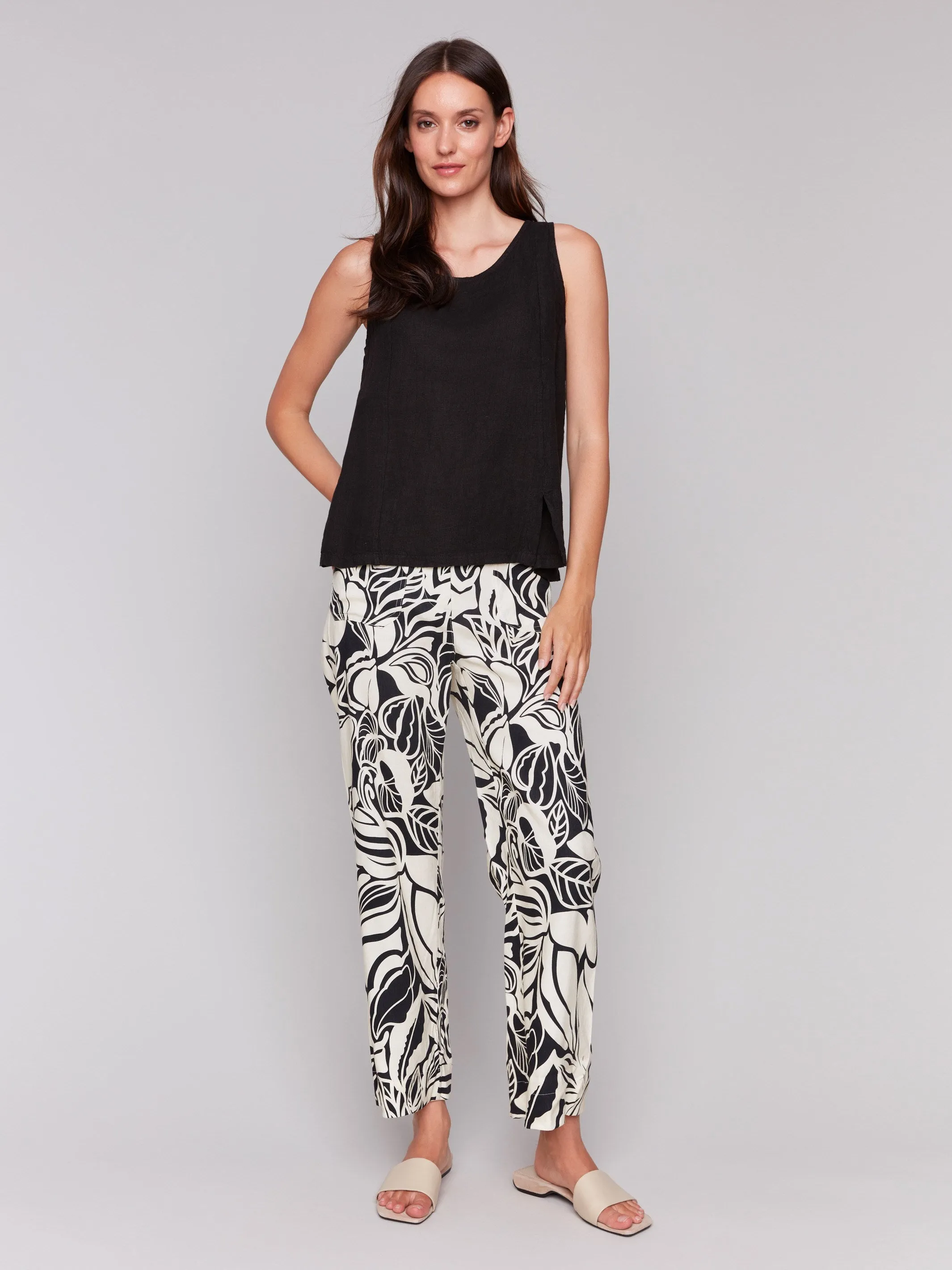 Sleeveless Linen Top with Slit - Black