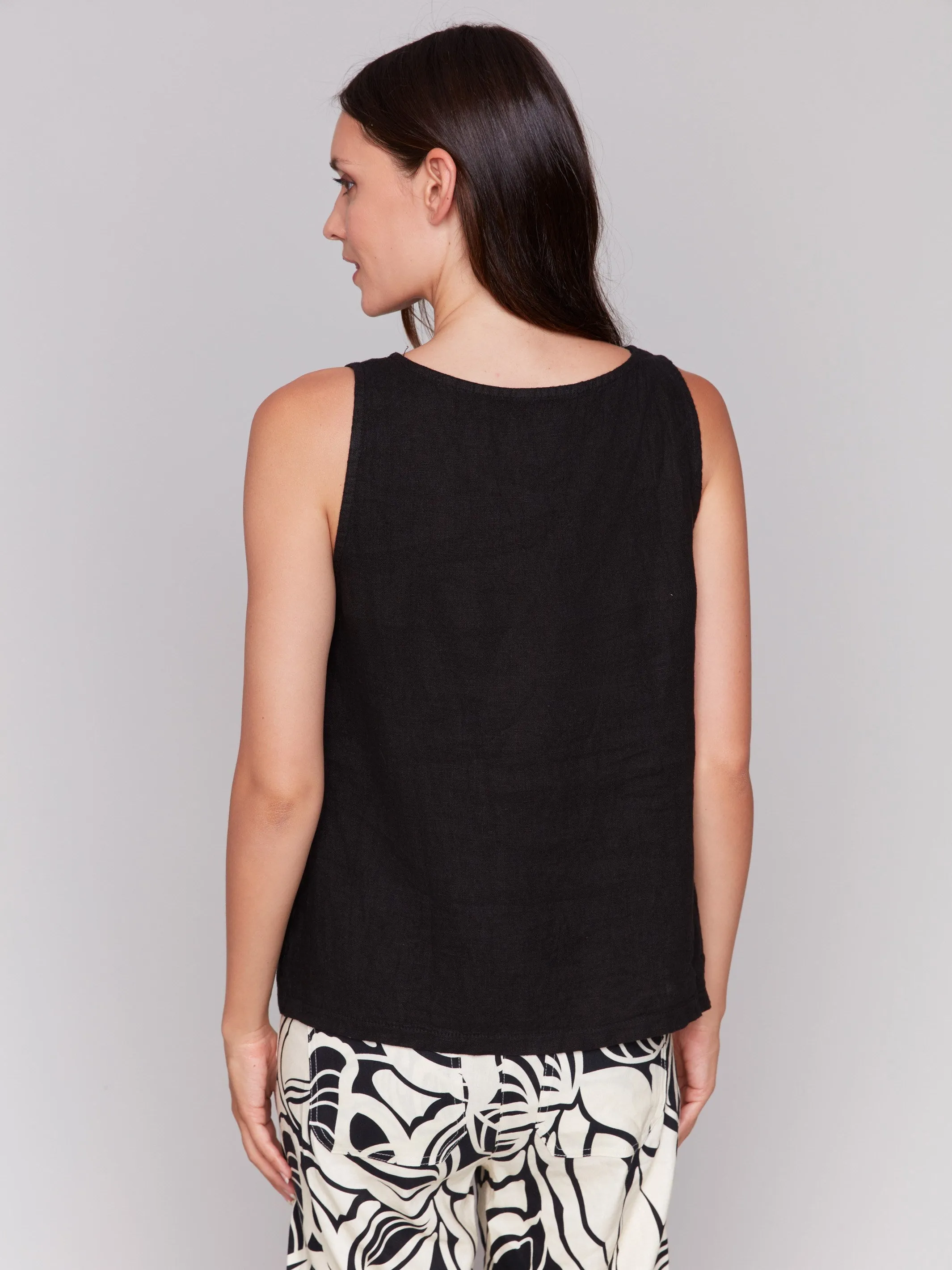 Sleeveless Linen Top with Slit - Black