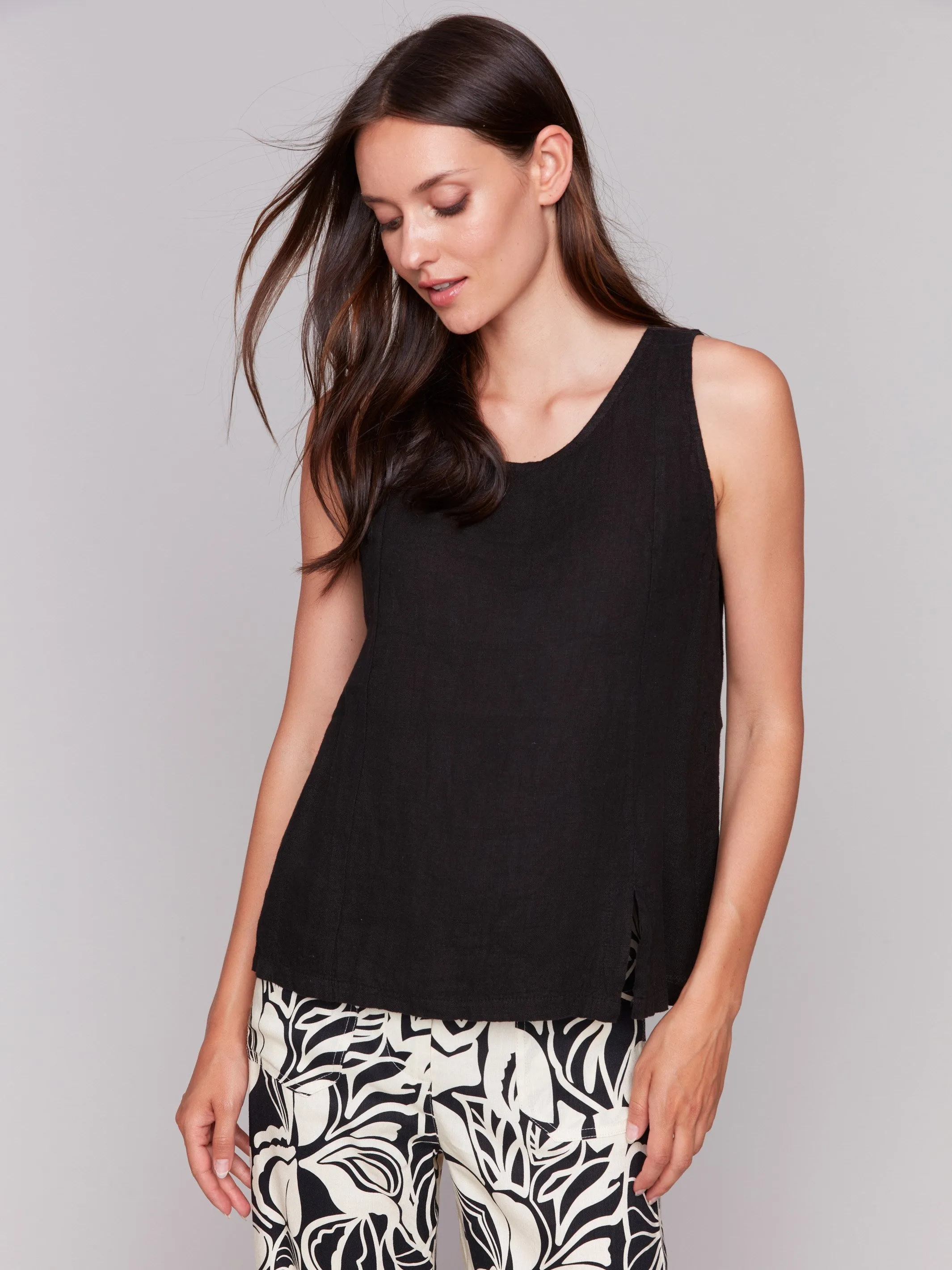 Sleeveless Linen Top with Slit - Black