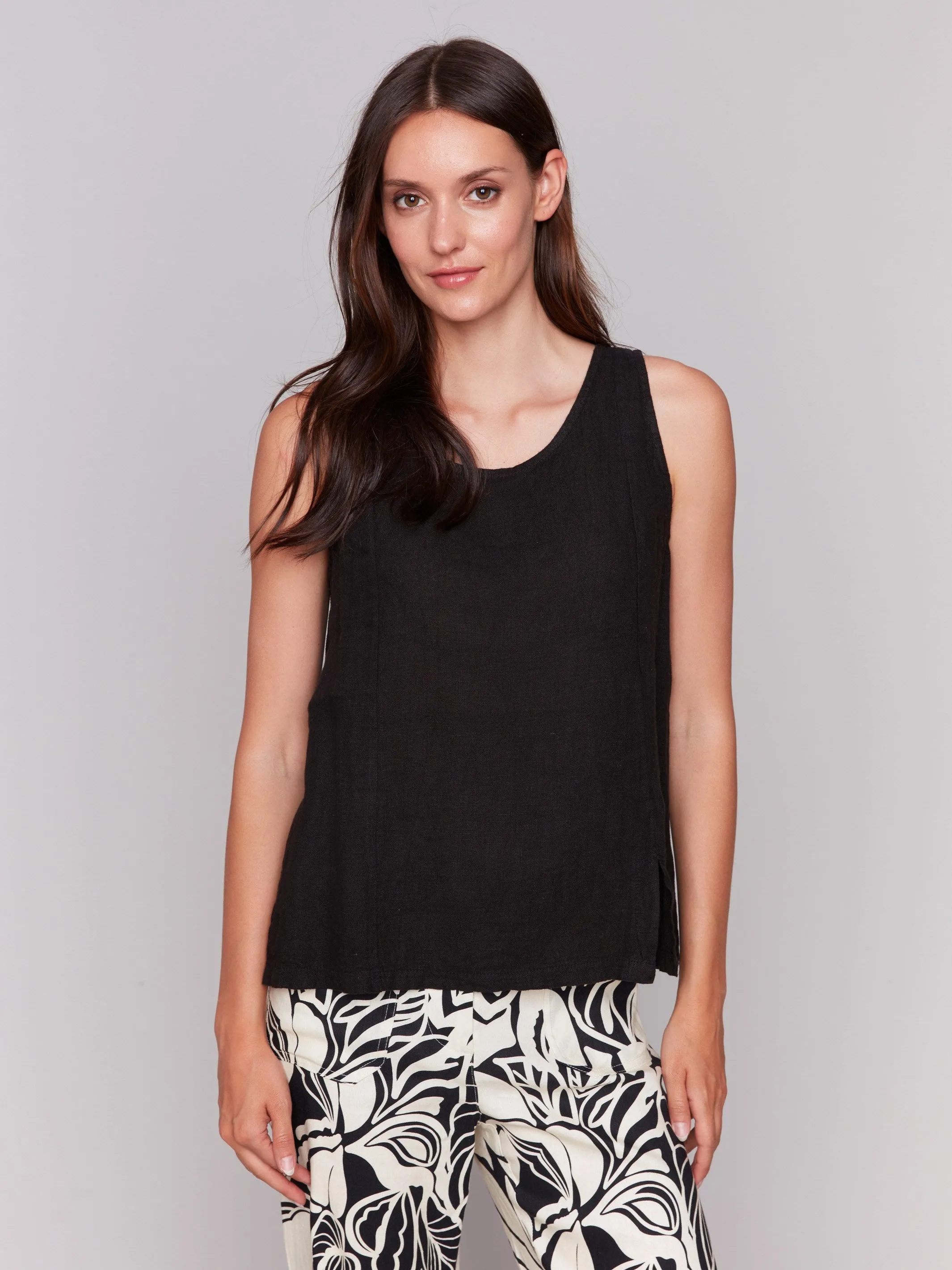 Sleeveless Linen Top with Slit - Black