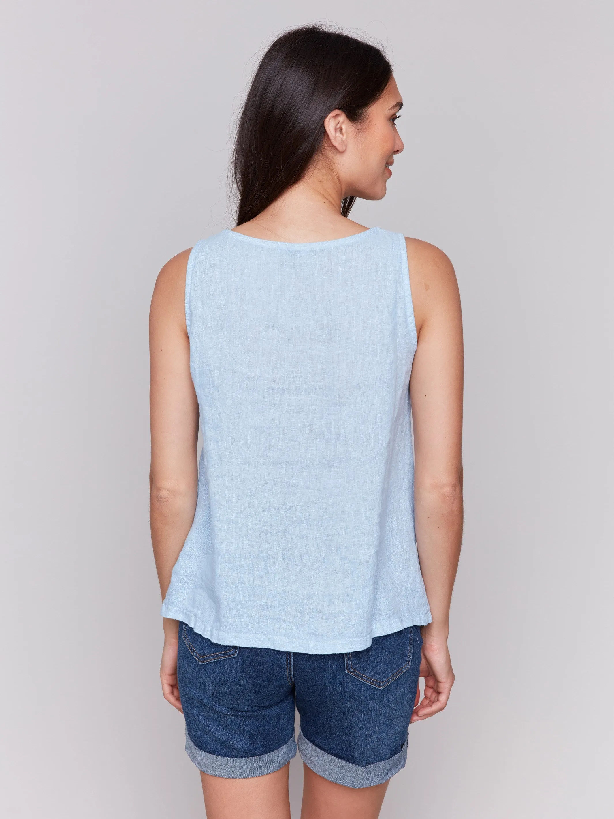 Sleeveless Linen Top with Slit - Bluebell