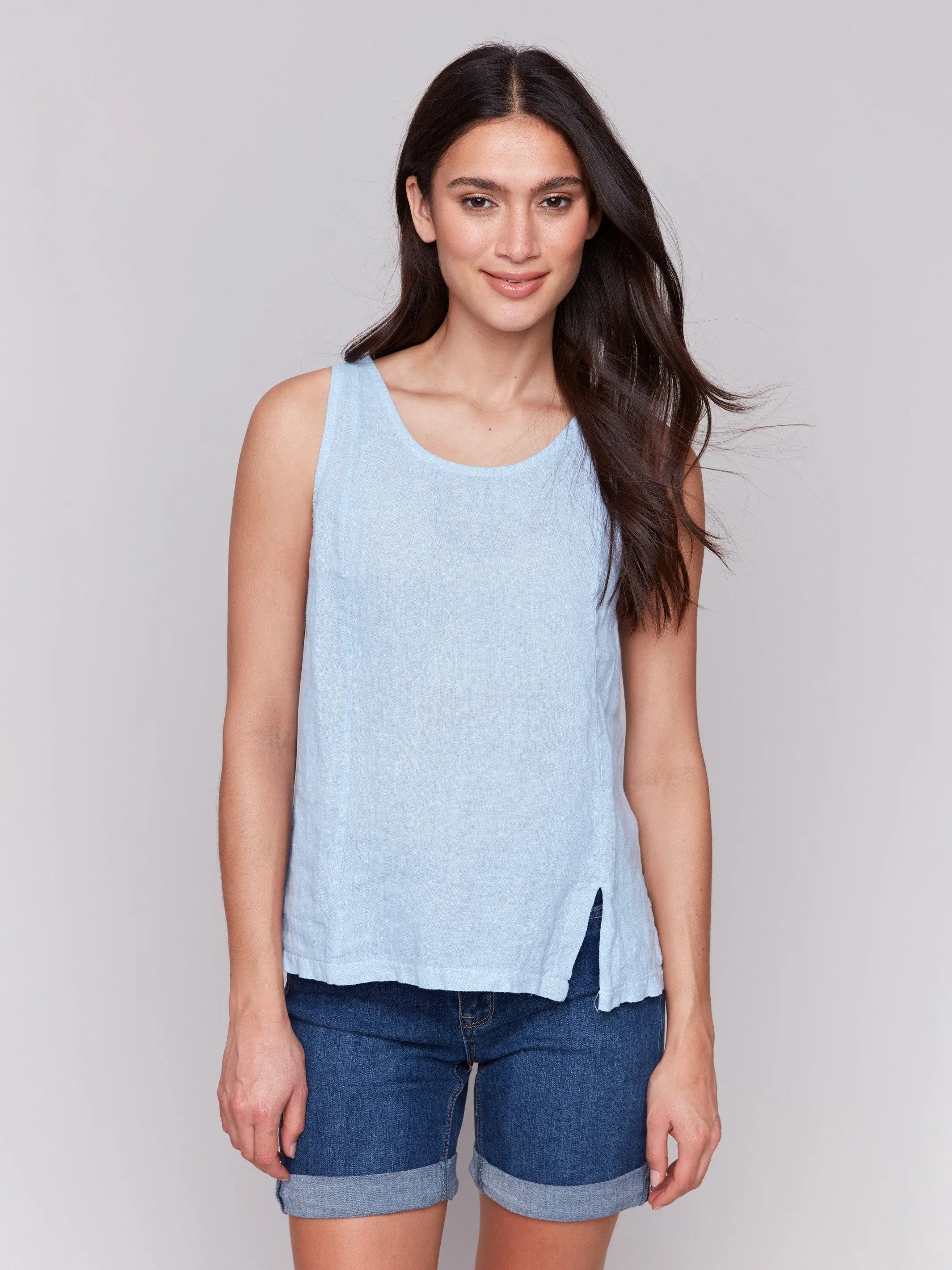 Sleeveless Linen Top with Slit - Bluebell