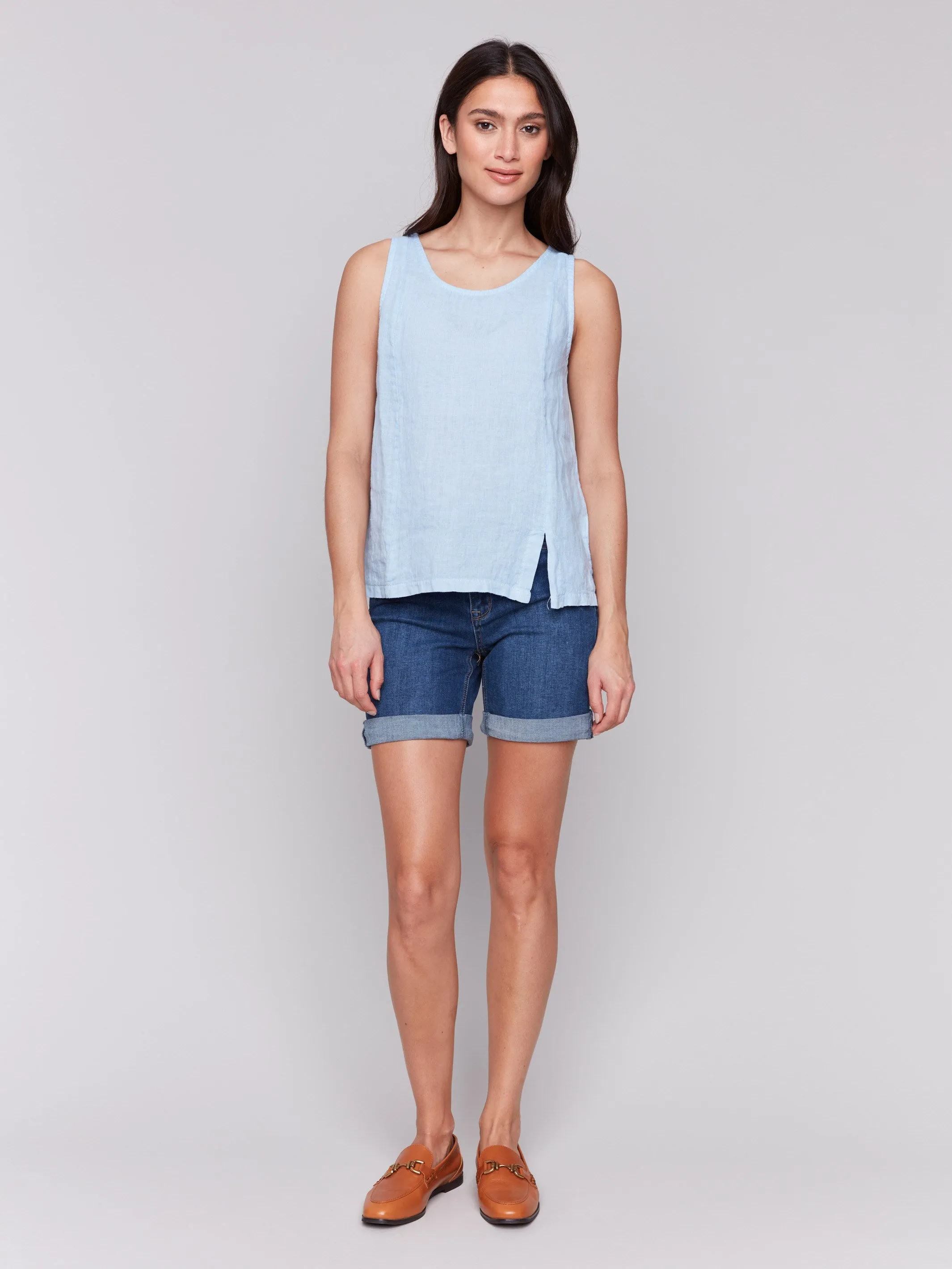 Sleeveless Linen Top with Slit - Bluebell