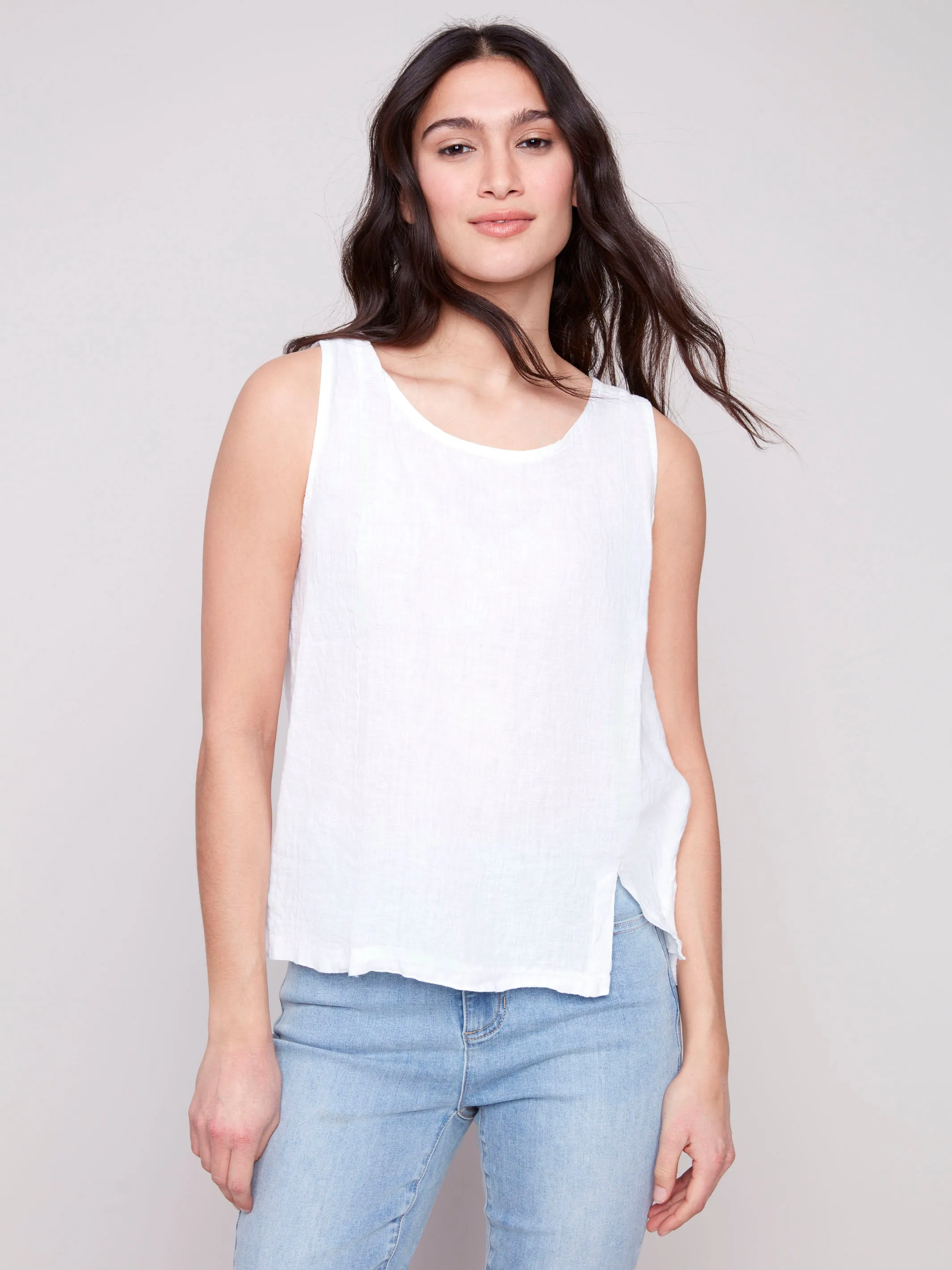 Sleeveless Linen Top with Slit - White