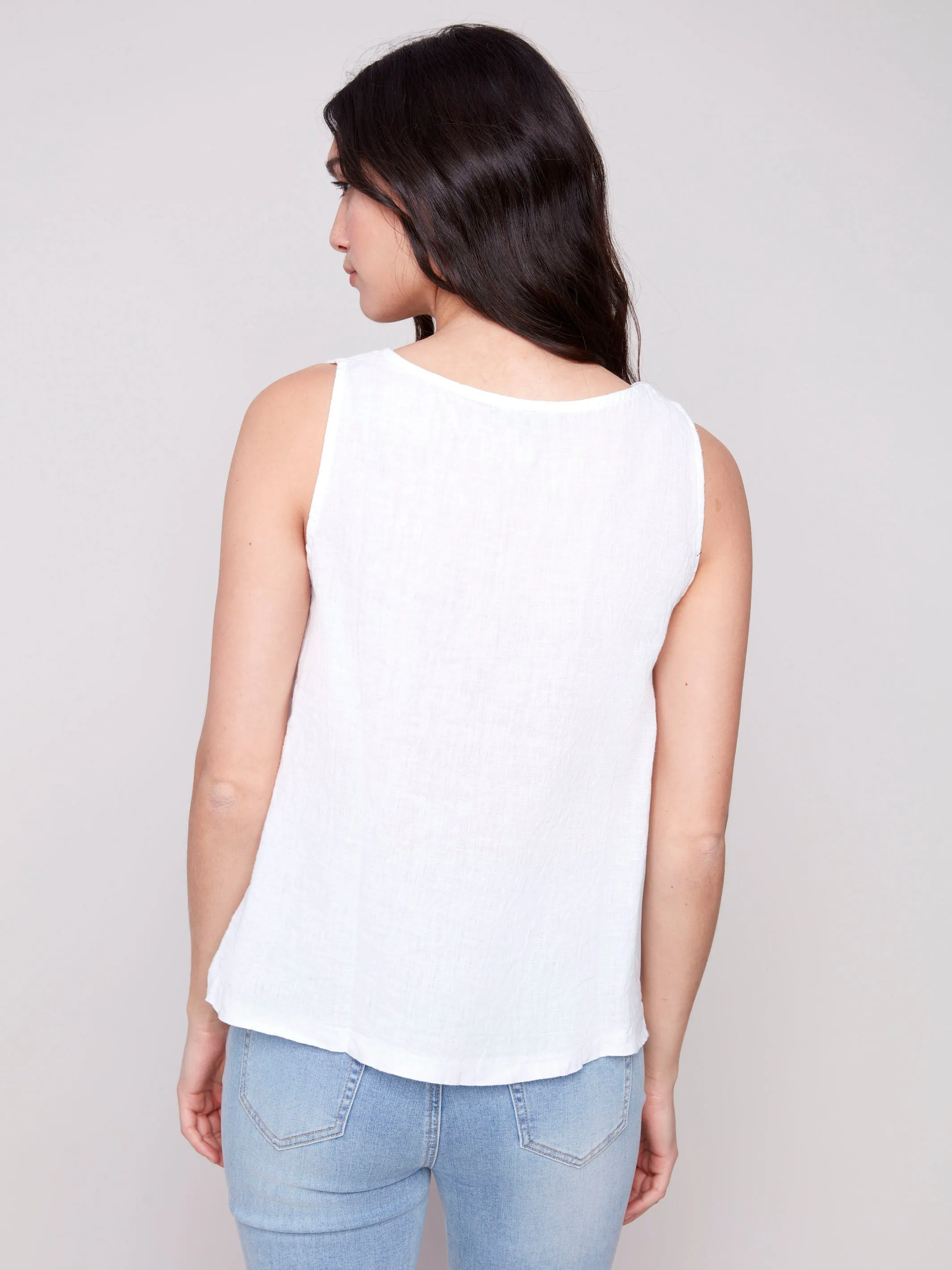 Sleeveless Linen Top with Slit - White