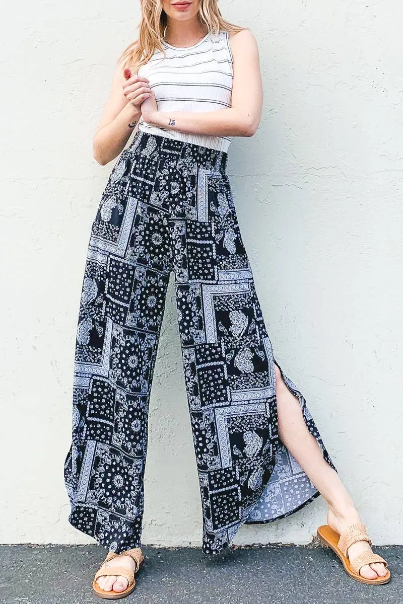Smocking Waist Side Slit Round Hem Pants: Lavender / L