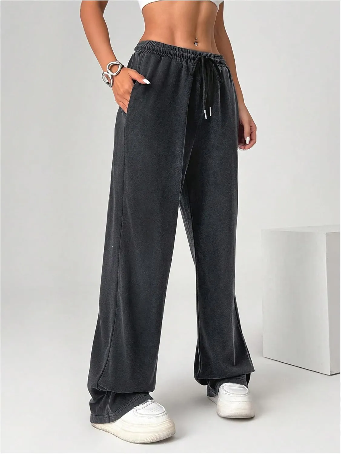 SOLY HUX Women's Drawstring Sweatpants High Waisted Vintage Baggy Wide Leg Pants with Pockets