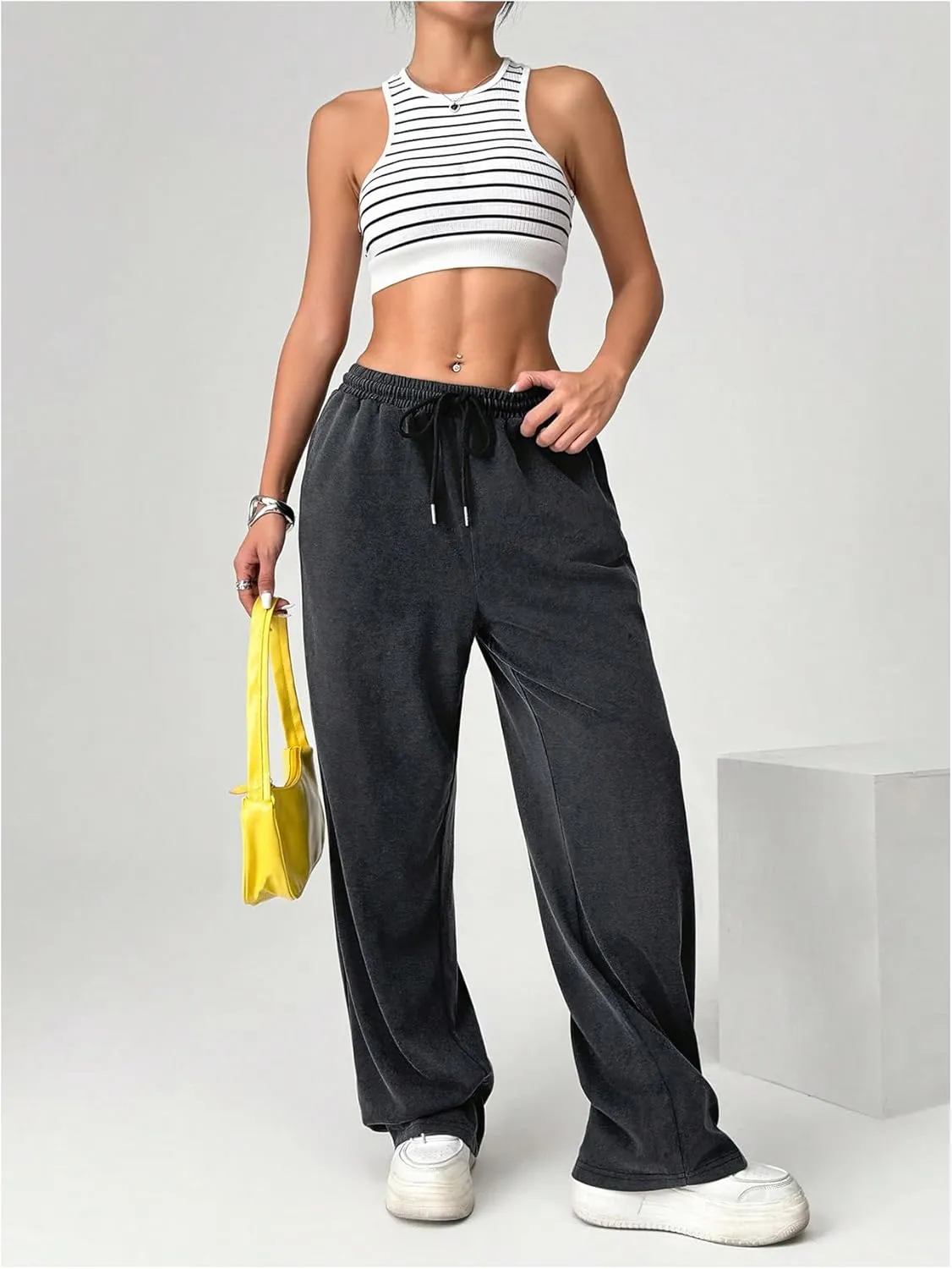 SOLY HUX Women's Drawstring Sweatpants High Waisted Vintage Baggy Wide Leg Pants with Pockets