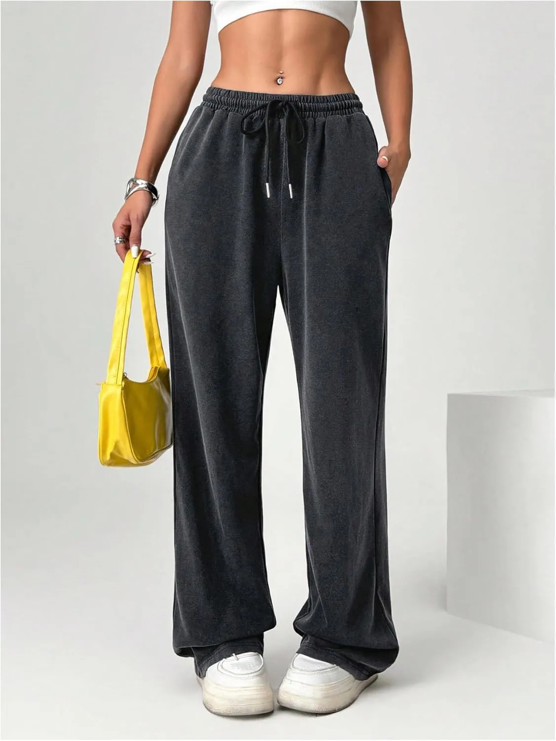 SOLY HUX Women's Drawstring Sweatpants High Waisted Vintage Baggy Wide Leg Pants with Pockets