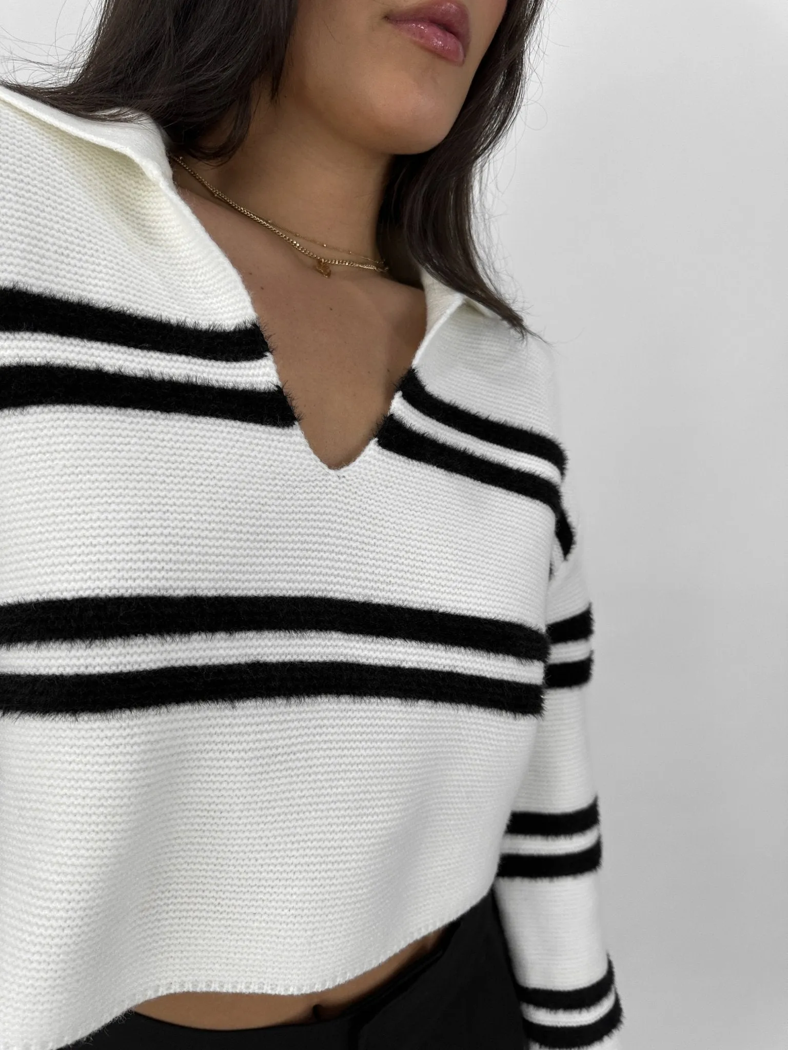 Striped V Neck Collared Sweater