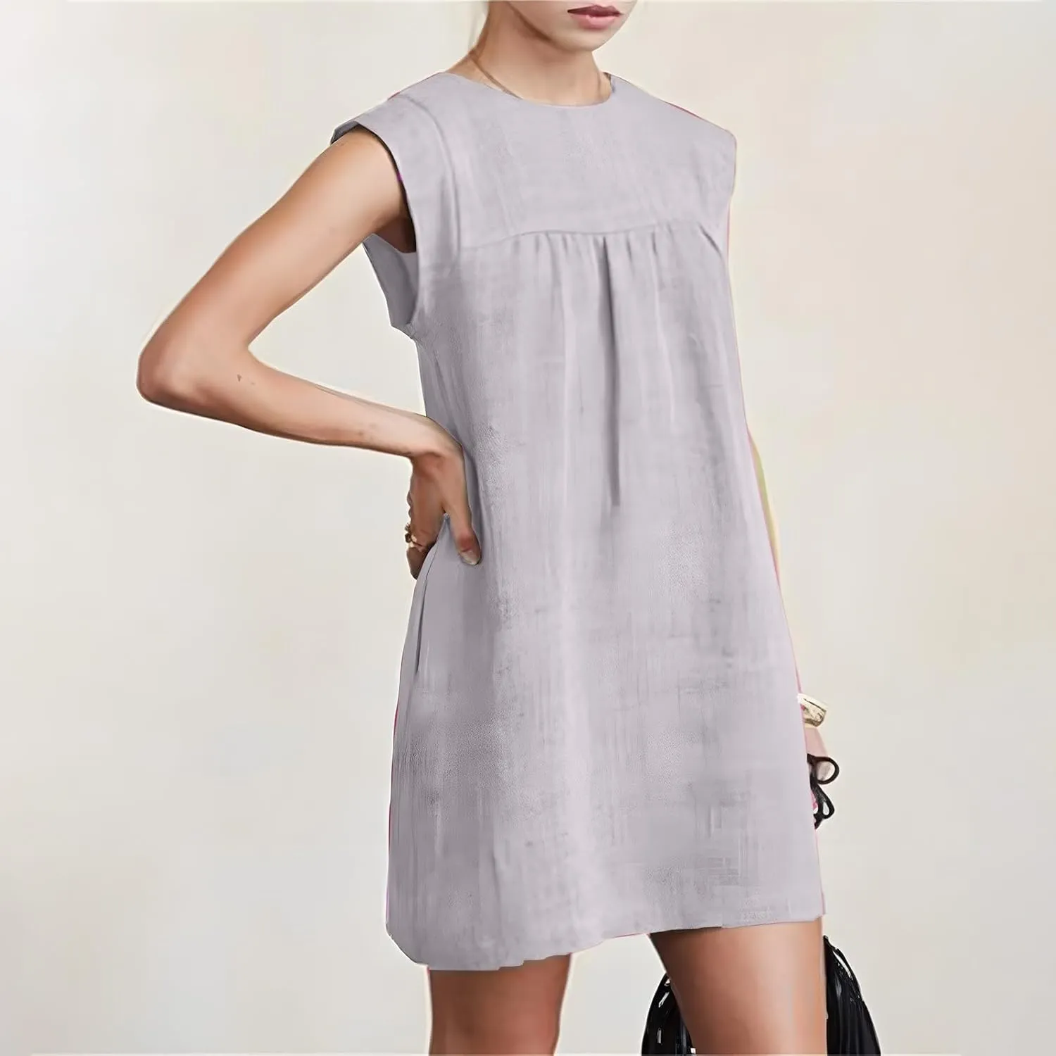 Summer Cotton Linen Dress for Women Casual Sleeveless Crewneck Ruched Sundresses Plus Size Solid Color Loose Dresses