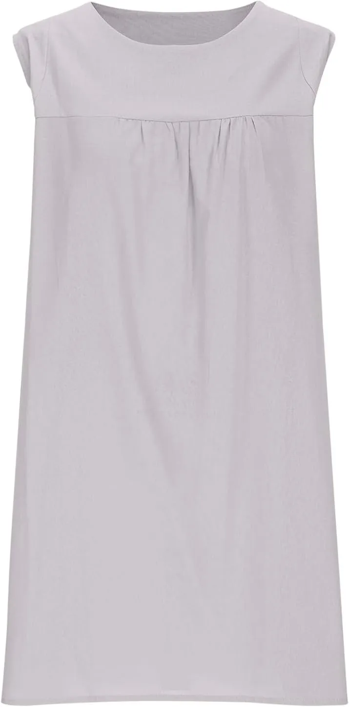 Summer Cotton Linen Dress for Women Casual Sleeveless Crewneck Ruched Sundresses Plus Size Solid Color Loose Dresses