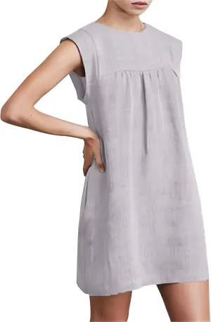 Summer Cotton Linen Dress for Women Casual Sleeveless Crewneck Ruched Sundresses Plus Size Solid Color Loose Dresses