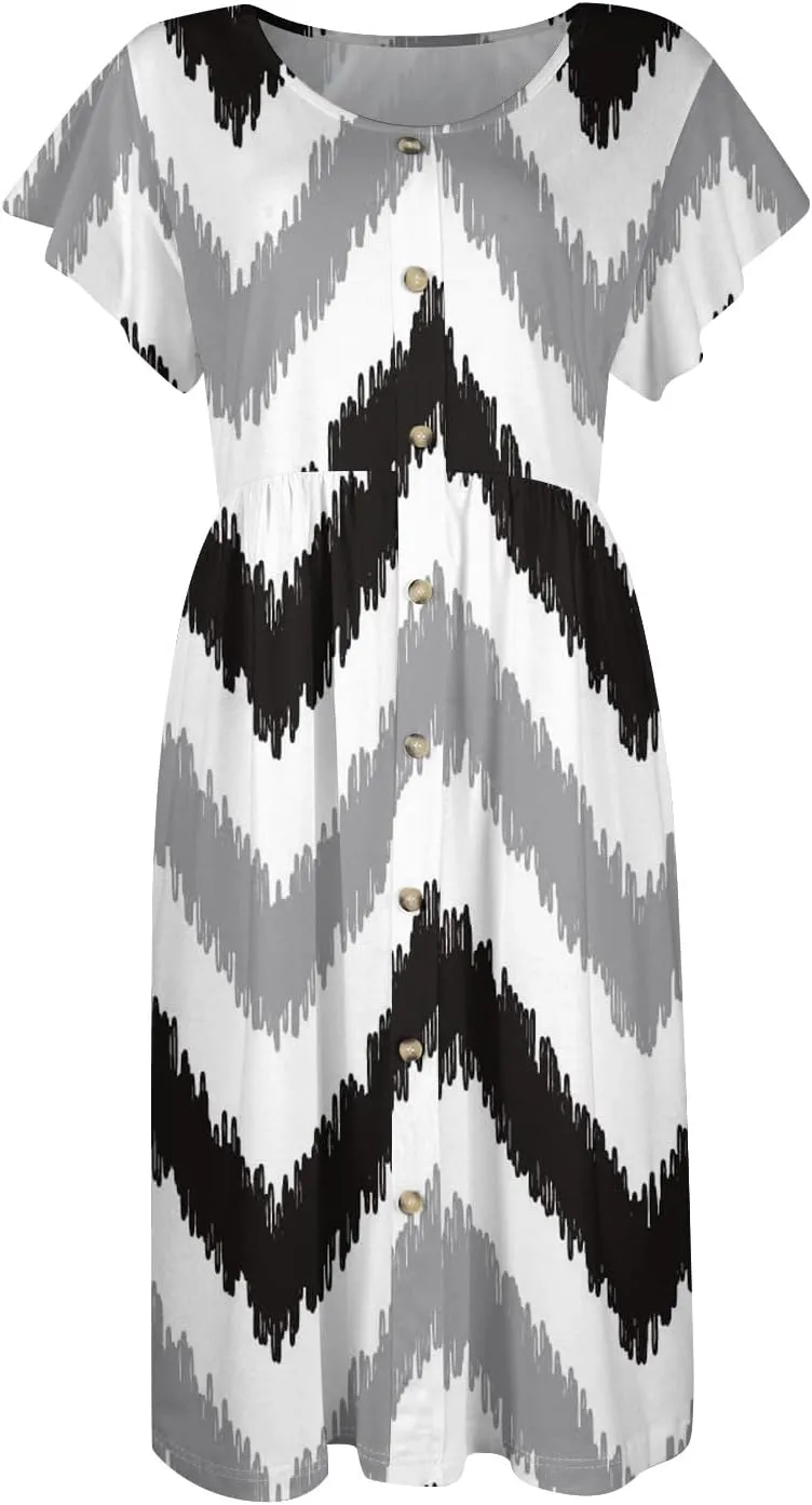 Summer Dresses for Women 2024 Round Neck Summer Fly Sleeve Casual Printed Loose Button Pocket Midi Dresses
