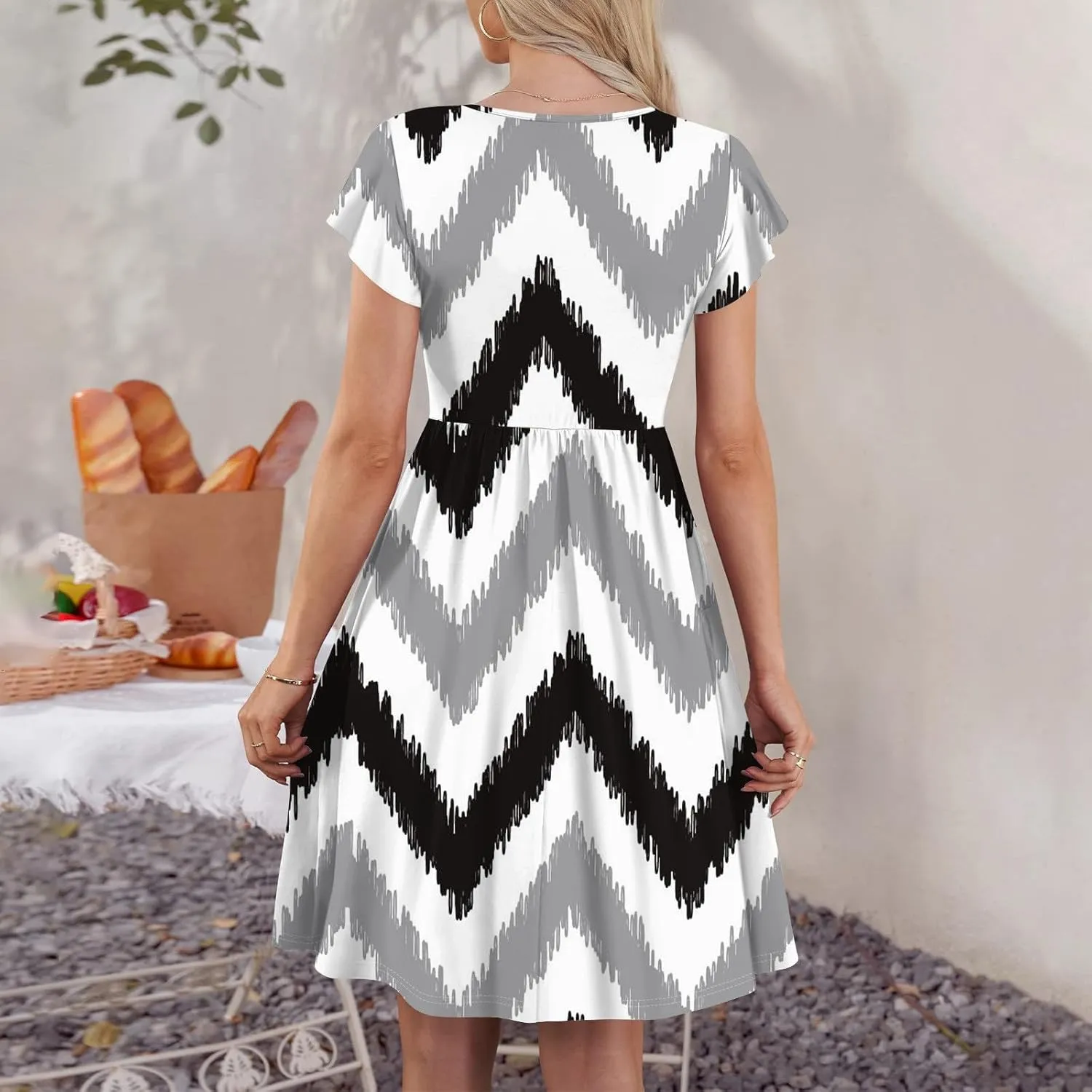 Summer Dresses for Women 2024 Round Neck Summer Fly Sleeve Casual Printed Loose Button Pocket Midi Dresses