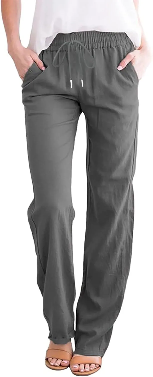 TARIENDY Clearance Today Deals Prime Womens Summer Linen Pants Casual Straight Leg Drawstring Elastic High Waist Loose Palazzo Trousers with Pockets Prime Early Access C-Gray, X-Large