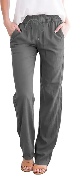 TARIENDY Clearance Today Deals Prime Womens Summer Linen Pants Casual Straight Leg Drawstring Elastic High Waist Loose Palazzo Trousers with Pockets Prime Early Access C-Gray, X-Large