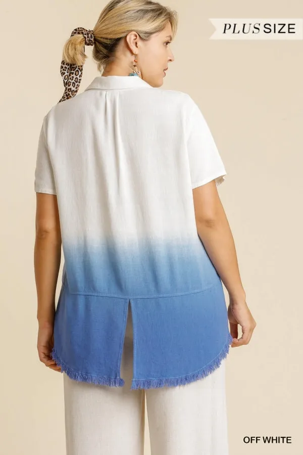 Umgee Off White And Blue Dip Dyed Button Down Plus Shirt