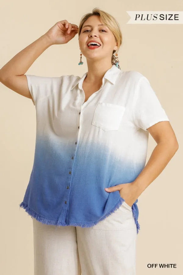 Umgee Off White And Blue Dip Dyed Button Down Plus Shirt