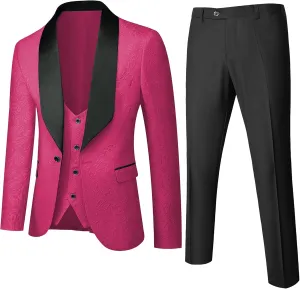 UNINUKOO Mens Floral Suits 3 Piece Tuxedo Suit Slim Fit Jacquard Tux Suit Set Shawl Lapel for Wedding Prom Suit