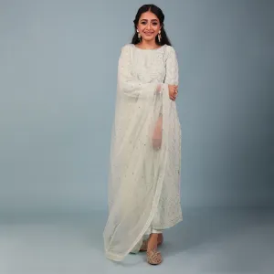 Women Georgette Roundneck Embriodered Regular Fit Suit Set Mint Green