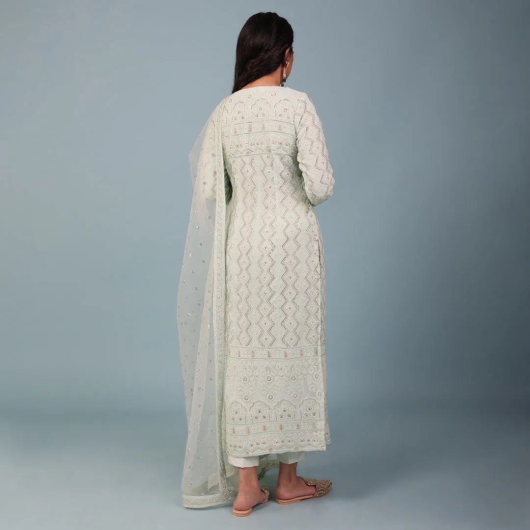 Women Georgette Roundneck Embriodered Regular Fit Suit Set Mint Green