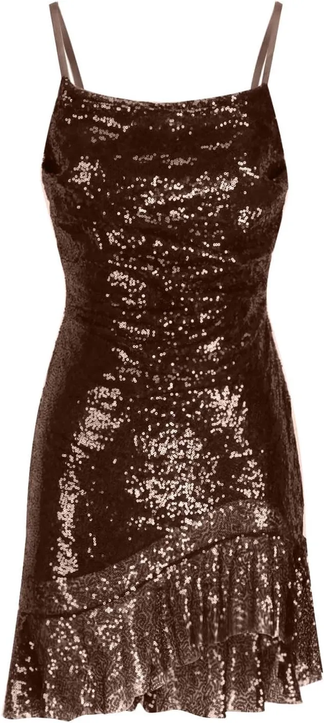 Women Sexy Sequin Glitter Mini Dress Spaghetti Strap Ruffle Hem Bodycon Wrap Short Dress Sparkle Backless Cami Dress
