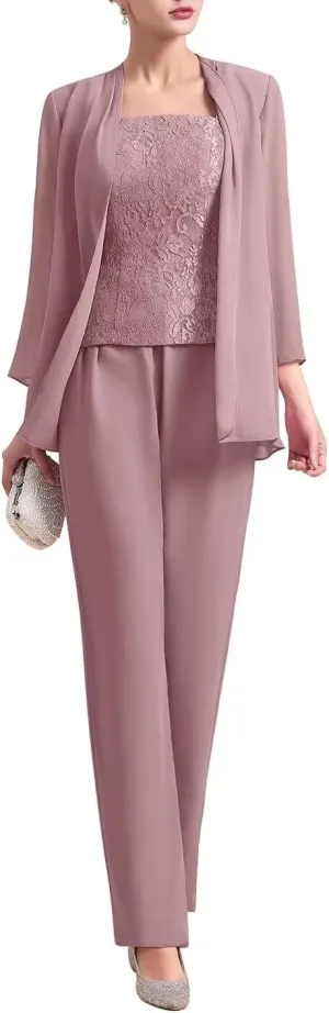 Womens Chiffon Pant Suits 3 Piece Mother of The Bride Dress Wedding Guest Dressy Outfit Evening Gowns