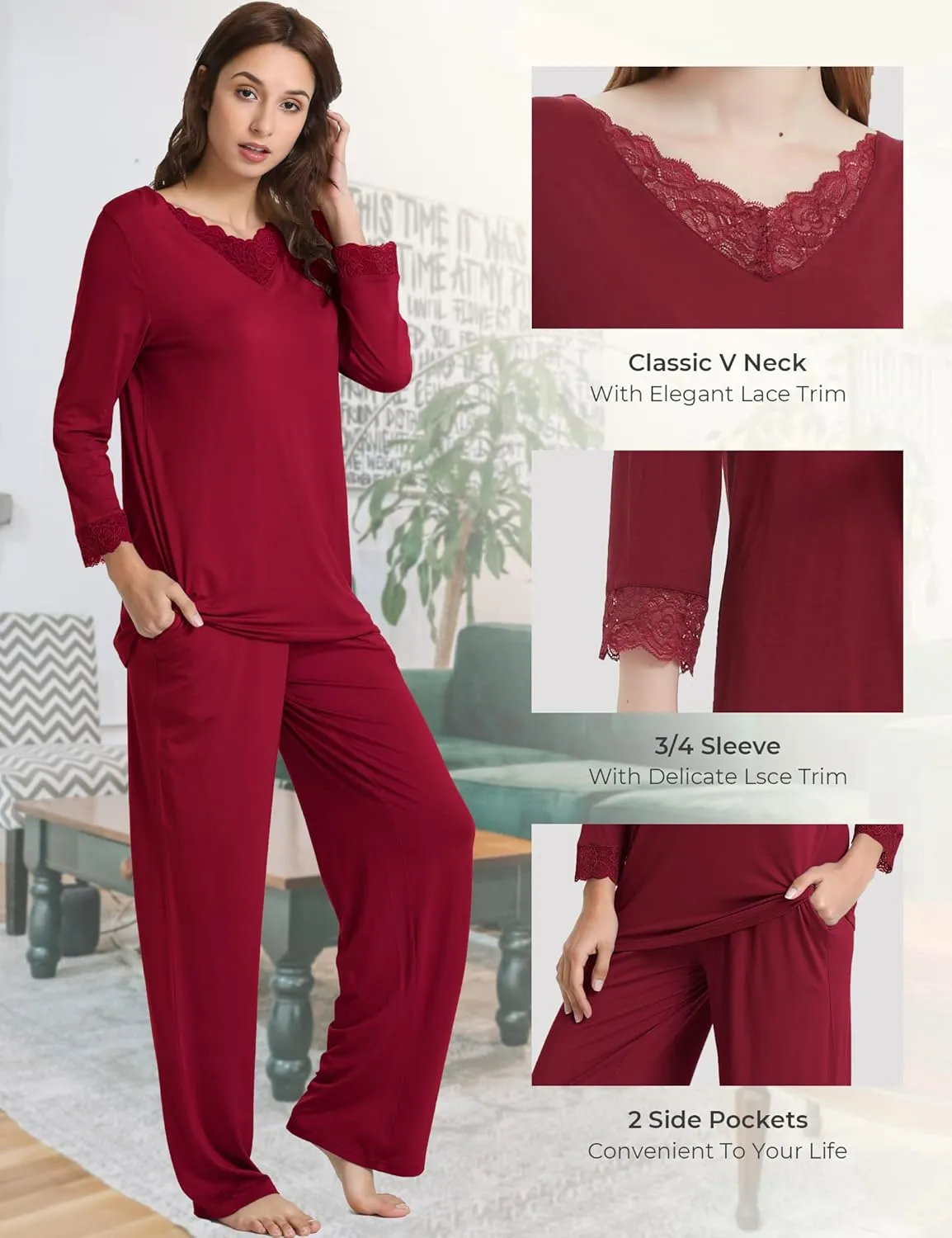 Women's Pajamas Set - Viscose Made from Bamboo, Long Sleeve Long Pants Sleepwear Soft Pjs Lounge Sets with Pockets