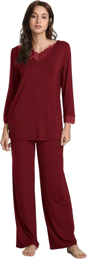 Women's Pajamas Set - Viscose Made from Bamboo, Long Sleeve Long Pants Sleepwear Soft Pjs Lounge Sets with Pockets