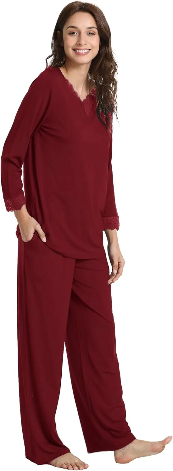 Women's Pajamas Set - Viscose Made from Bamboo, Long Sleeve Long Pants Sleepwear Soft Pjs Lounge Sets with Pockets