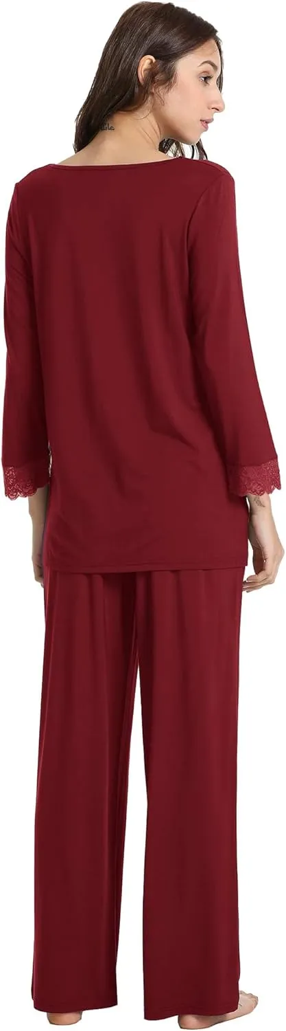 Women's Pajamas Set - Viscose Made from Bamboo, Long Sleeve Long Pants Sleepwear Soft Pjs Lounge Sets with Pockets