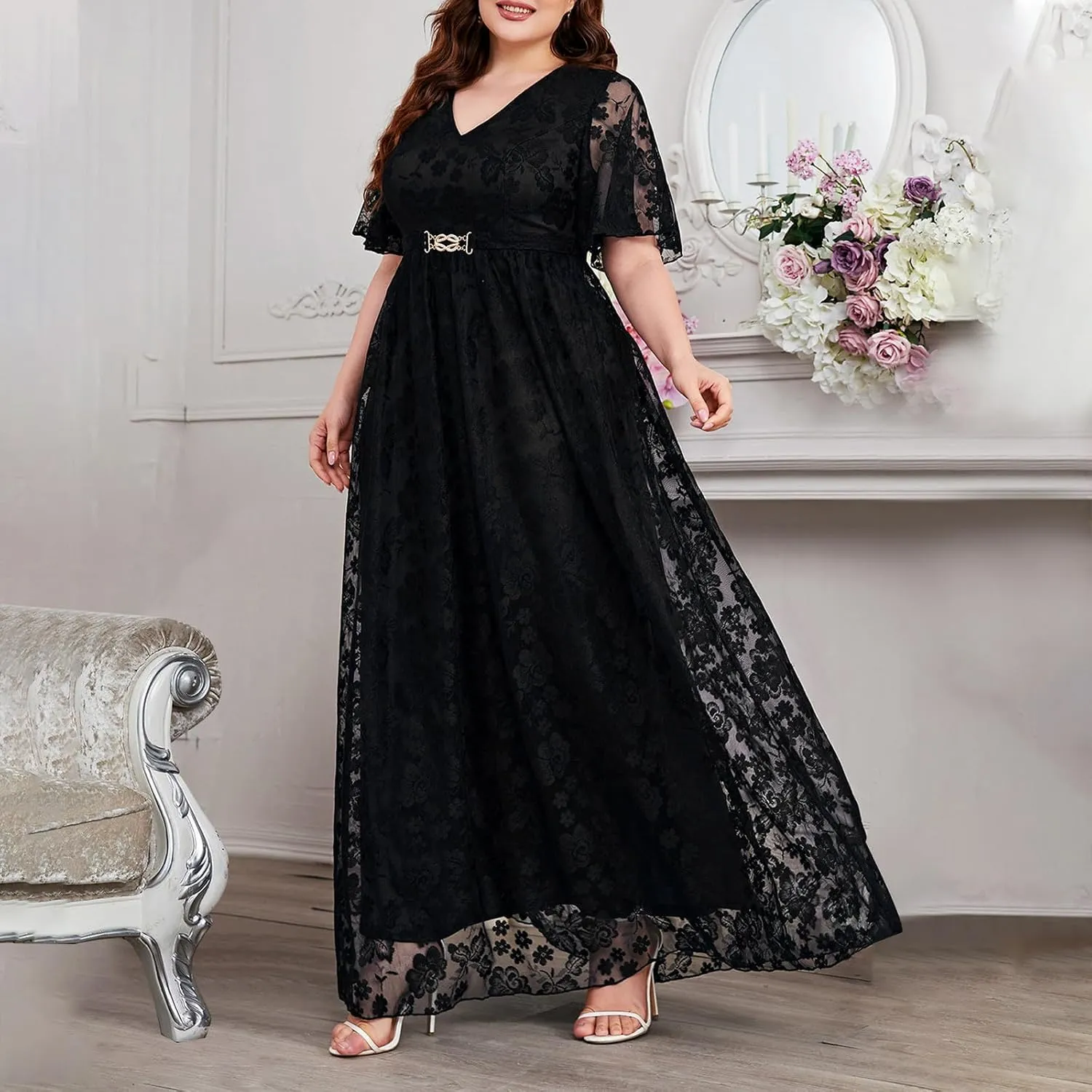 Womens Plus Size Floral Lace Short Sleeve Dress Cocktail Party Flowy Long Dresses V Neck Casual Loose Swing Maxi Dress