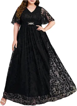 Womens Plus Size Floral Lace Short Sleeve Dress Cocktail Party Flowy Long Dresses V Neck Casual Loose Swing Maxi Dress