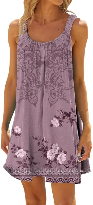 Women's Summer Fashion Vintage Flowers Printed Pleated Sleeveless Shoulder Strap Beach Vacation Casual Dress