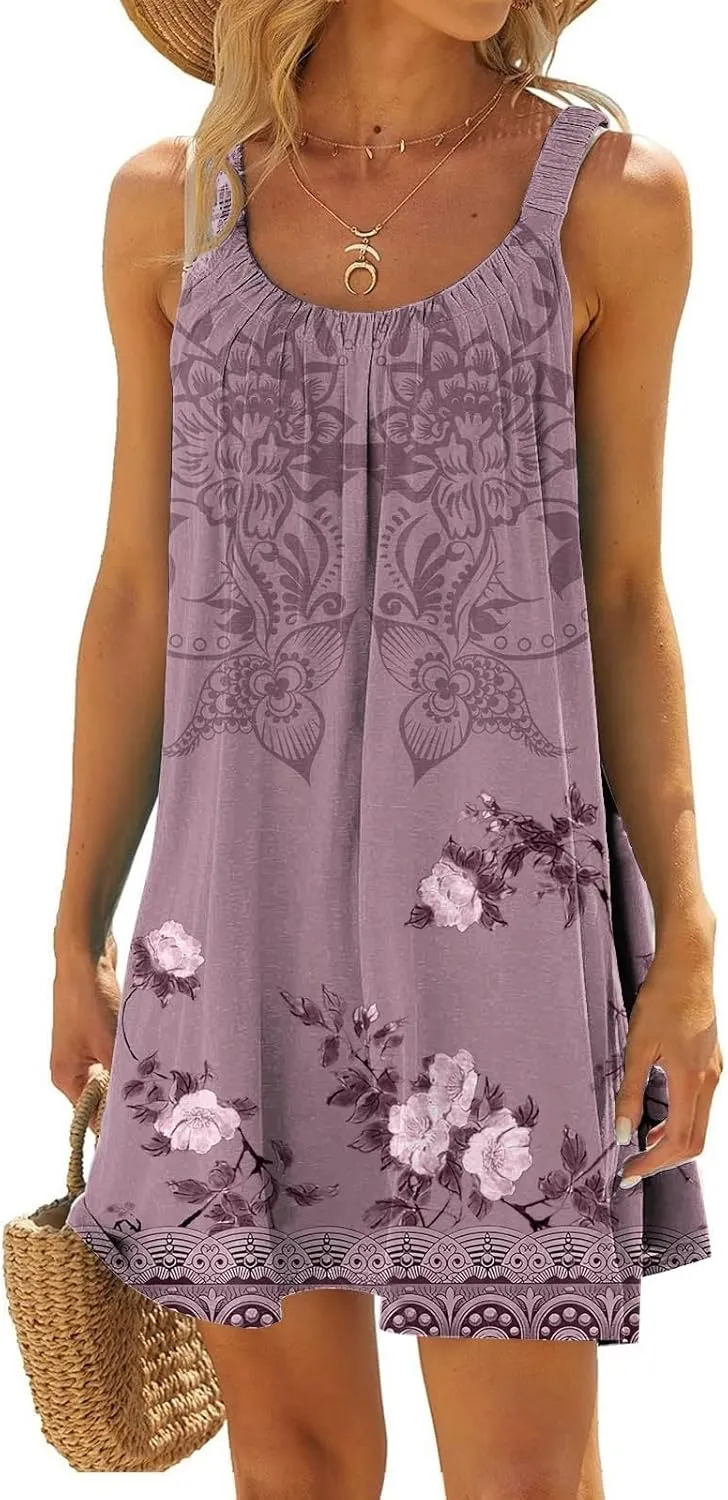 Women's Summer Fashion Vintage Flowers Printed Pleated Sleeveless Shoulder Strap Beach Vacation Casual Dress