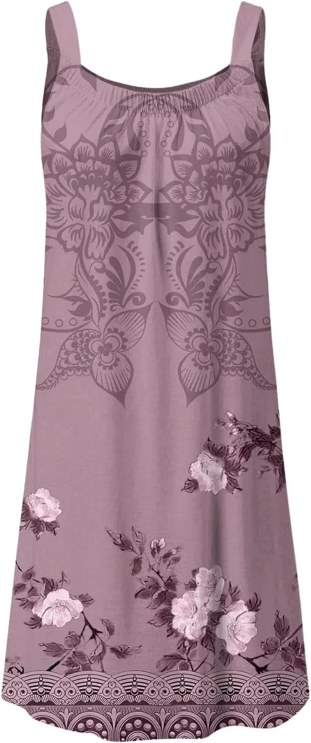 Women's Summer Fashion Vintage Flowers Printed Pleated Sleeveless Shoulder Strap Beach Vacation Casual Dress